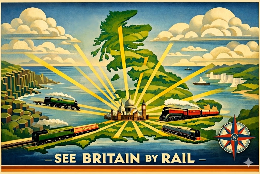 A 1930s-style poster showing Great Britain with stylised rail routes radiating from a central city. On the left of the image is the Giant's Causeway. On the right is a shoreline featuring white cliffs. At the bottom-right is a simplified compass rose. The slogan 'See Britain by Rail' is along the bottom of the image.